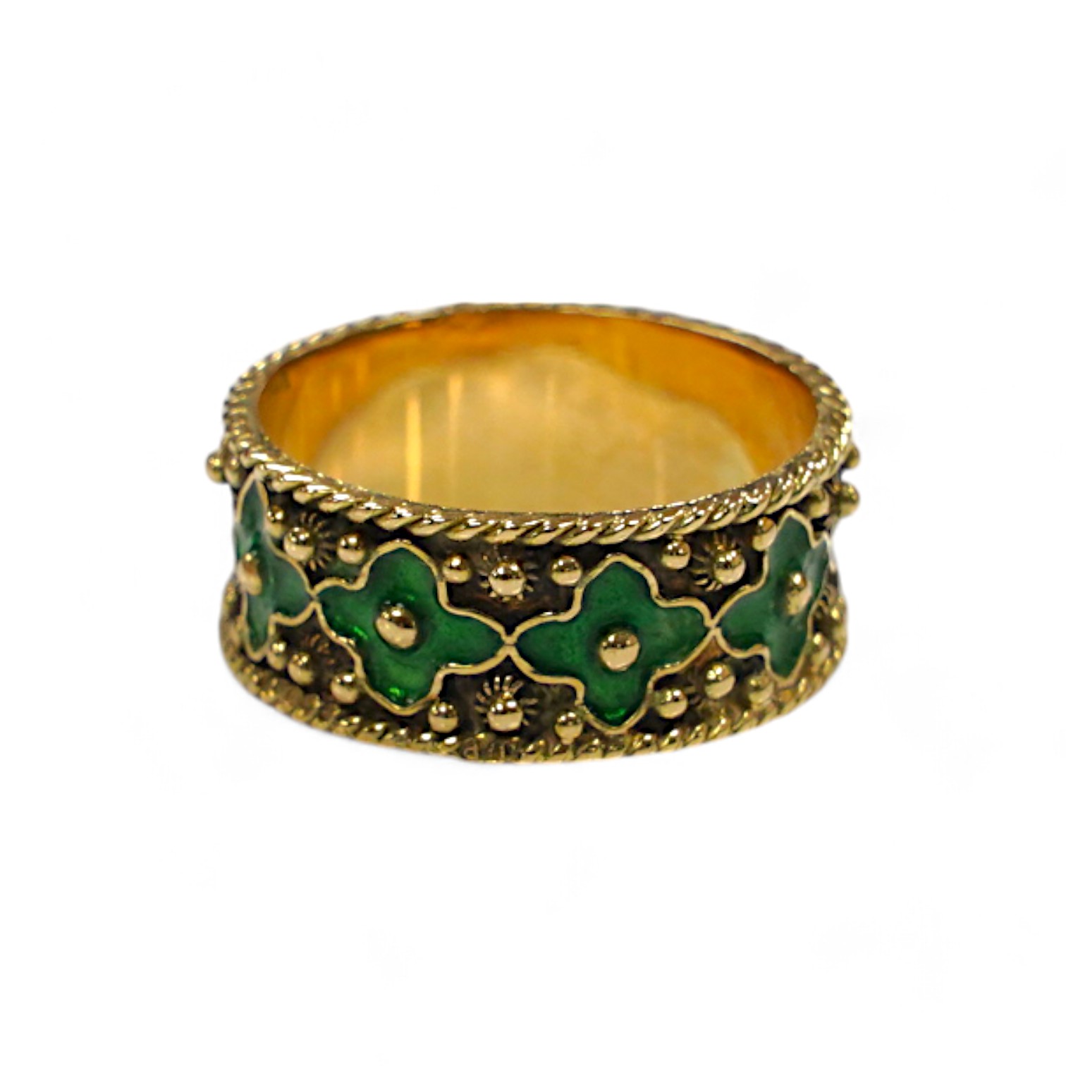 A yellow metal and green enamel set flower head band, size O/P, gross weight 4.7 grams. Condition - fair